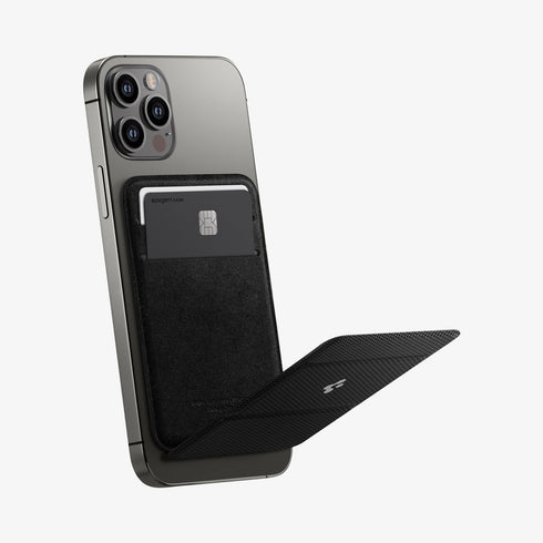 AMP02835 - Universal Card Holder Smart Fold in gunmetal showing the front attached to the back of a device